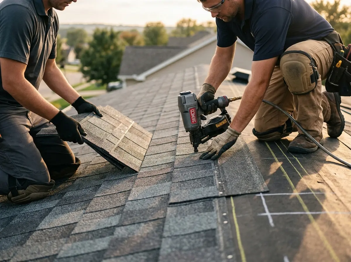 Professional roofer working on a residential roof in Lansing